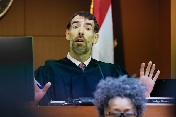 Judge Robert McBurney addresses counsel for Gov. Kemp during a hearing on Georgia Governor Brian Kemp's motion to quash his subpoena from the special purpose grand jury in Atlanta, GA, on Thursday, August 25, 2022.  on Thursday, August 25, 2022.   (Bob Andres for the Atlanta Journal Constitution)