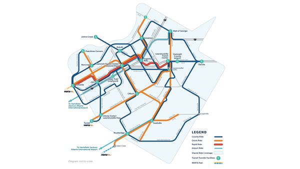 Gwinnett County is proposing this new transit map as part of a $17 billion expansion that also includes 27 microtransit zones covering the entire county. The Quick Ride and Rapid Ride lines (orange and red) would come every 10-20 minutes.