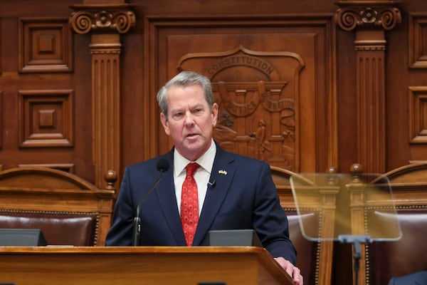 Gov. Brian Kemp delivers the state of the state address in the House of Representatives at the Georgia Capitol on Jan. 16 in Atlanta. (Jason Getz/AJC)