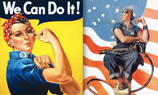 During World War II, the painting by Norman Rockwell, right, of Rosie the Riveter, was more famous than the poster painted by J. Howard Miller, left. Miller's "Rosie" is now iconic. Courtesy