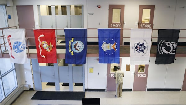 November 20, 2019 - Lawrenceville - “The Barracks” is decorated with flags from all of the armed forces. The Gwinnett County jail has designated a new housing unit just for inmates who are military veterans. “The Barracks” is intended to be a therapeutic, 70-bed unit focused on providing the type of support crucial to helping incarcerated veterans make a successful transition back into the community. Bob Andres / robert.andres@ajc.com