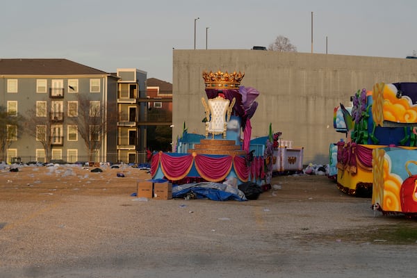 Floats are stored in a lot before the Mardi Gras Day parade on Tuesday, March 4, 2025 in New Orleans. (AP Photo/Gerald Herbert)