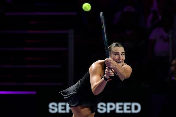 Belarus' Aryna Sabalenka in action during her women's singles semi final match against Coco Gauff of the U.S. at King Saud University Indoor Arena, in Riyadh, Saudi Arabia, Friday, Nov. 8, 2024. (AP Photo)