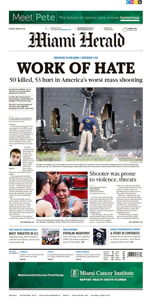 Newspaper front pages reflect Orlando tragedy