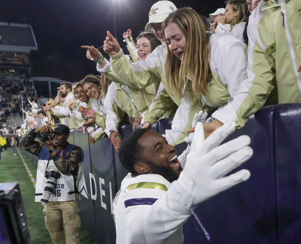 Georgia Tech Yellow Jackets wide receiver Christian Leary (6) celebrates after the win.  (Bob Andres for the Atlanta Journal Constitution)