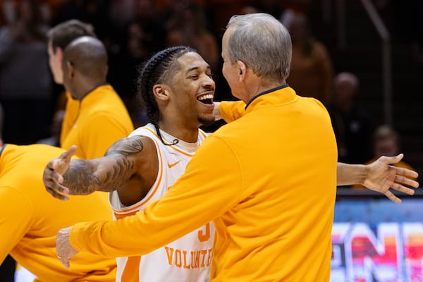 Tennessee head coach Rick Barnes and Zakai Zeigler embrace after an NCAA college basketball game against South Carolina, Saturday, March 8, 2025, in Knoxville, Tenn. (AP Photo/Wade Payne)