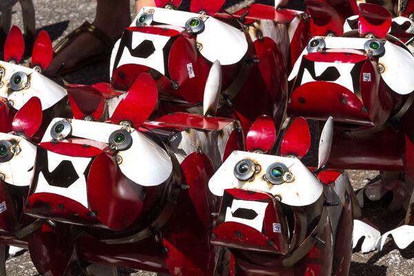 Red Bulldogs are lined up for sale at the Blue Frog Imports booth during the 47th Inman Park Spring Festival  on Sunday, April 29, 2018. 