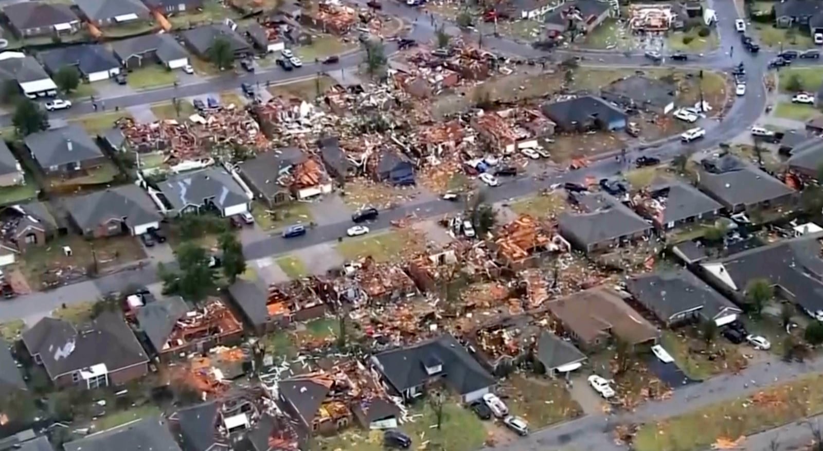 This image taken from video provided by KOCO shows damage caused by a tornado in a neighborhood near 89th and S. Sooner Road in North Moore, Okla., Sunday, Nov. 3, 2024. (KOCO via AP)