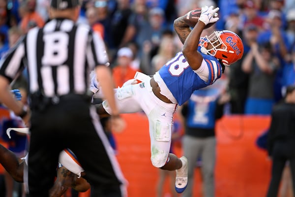 Florida defensive back Bryce Thornton (18) intercepts a pass in the end zone during the second half of an NCAA college football game against Mississippi, Saturday, Nov. 23, 2024, in Gainesville, Fla. (AP Photo/Phelan M. Ebenhack)