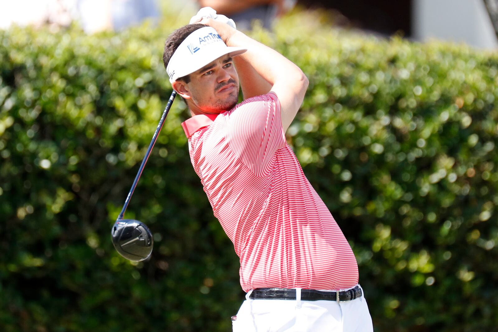 Beau Hossler watches his ball fly after teeing off from the first hole during the fourth round of the 2024 Sanderson Farms Championship at the Country Club of Jackson on Oct. 06, 2024 in Jackson, Miss. (AP Photo/Sarah Warnock).