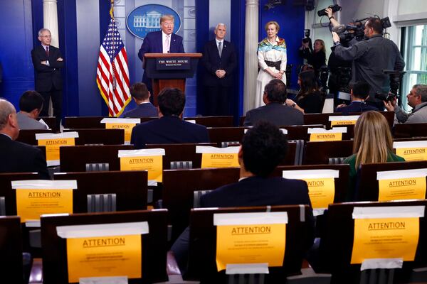 President Donald Trump speaks during a coronavirus task force briefing at the White House, Saturday, April 4, 2020, in Washington. (AP Photo/Patrick Semansky)