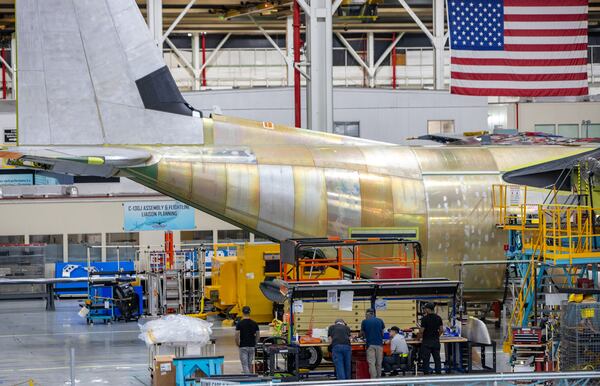 The Lockheed Martin C-130J production facility in Marietta on Tuesday, Oct 22, 2024, where the Super Hercules aircraft is built and outfitted for use as ‘flying laboratories.’ (Jenni Girtman for Atlanta Journal-Constitution)