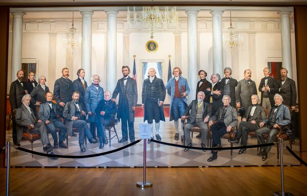 Years after completing the painting of the 20th century presidents, Rossin added this equally monumental canvas, creating life-sized portraits of all the 19th century presidents, plus George Washington and John Adams. Rossin worked on this 13-by-20-foot painting "in situ," in a gallery at the Booth Western Art Museum, as visitors watched his progress. (Rebecca Wright for the Atlanta Journal-Constitution)