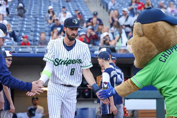 Gwinnett Stripers second baseman Braden Shewmake (8) is introduced before the game against the Jacksonville Jumbo Shrimp for the Stripers season opener at Coolray Field, Friday, March 31, 2023, in Lawrenceville, Ga. Jason Getz / Jason.Getz@ajc.com)
