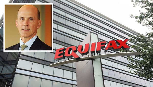 Photos shows former Former Equifax Chief Executive Richard Smith and the company headquarters in Atlanta.