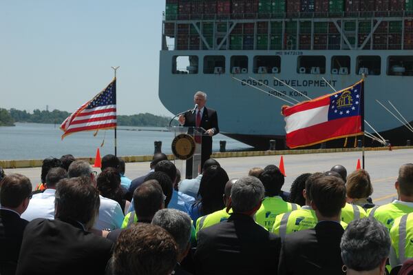 Gov. Nathan Deal speaks Friday, May 12, 2017, at the Garden City Terminal at the Savannah port at a ceremonny welcoming the Cosco Development, the largest container ship to ever port on the East Coast. J. Scott Trubey/strubey@ajc.com