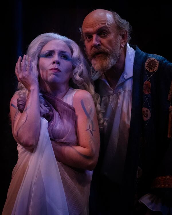 Ariel (Amanda Lindsey McDonald) appeals to Prospero (Jeff Watkinds) for her freedom.