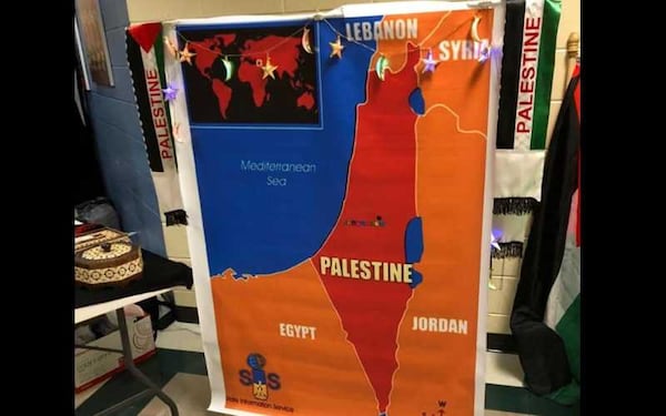 This edited map, which replaces Israel with Palestine, was displayed during Autrey Mill Middle School's multicultural night in Alpharetta on Thursday, March 7, 2019. The principal denounced it in a letter to parents the next day. (Courtesy of Fulton County Schools)