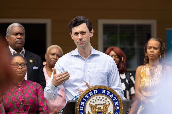 U.S. Sen. Jon Ossoff, D-Ga, announces federal funds for housing in Clayton County at press conference in Hampton on Monday, May 6, 2024. The conference took place in front of a house built by Southern Crescent Habitat for Humanity. (Arvin Temkar / AJC)