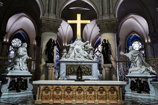 The tabernacle of Notre-Dame de Paris cathedral is seen while French President Emmanuel Macron visits the restored interiors of the monument, Friday Nov. 29, 2024, in Paris. (Stephane de Sakutin, Pool via AP)