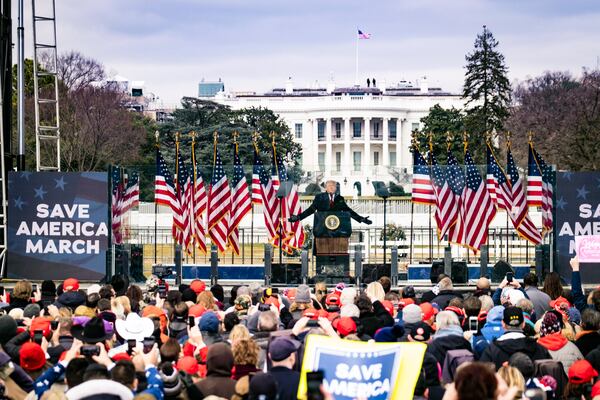 Then-President Donald Trump speaks to supporters at a rally near the White House on Jan. 6, 2021, the day of the Capitol siege. The House Select Committee investigating the siege unanimously voted this week to subpoena Trump over his actions leading up to the deadly riot. (Pete Marovich / The New York Times)