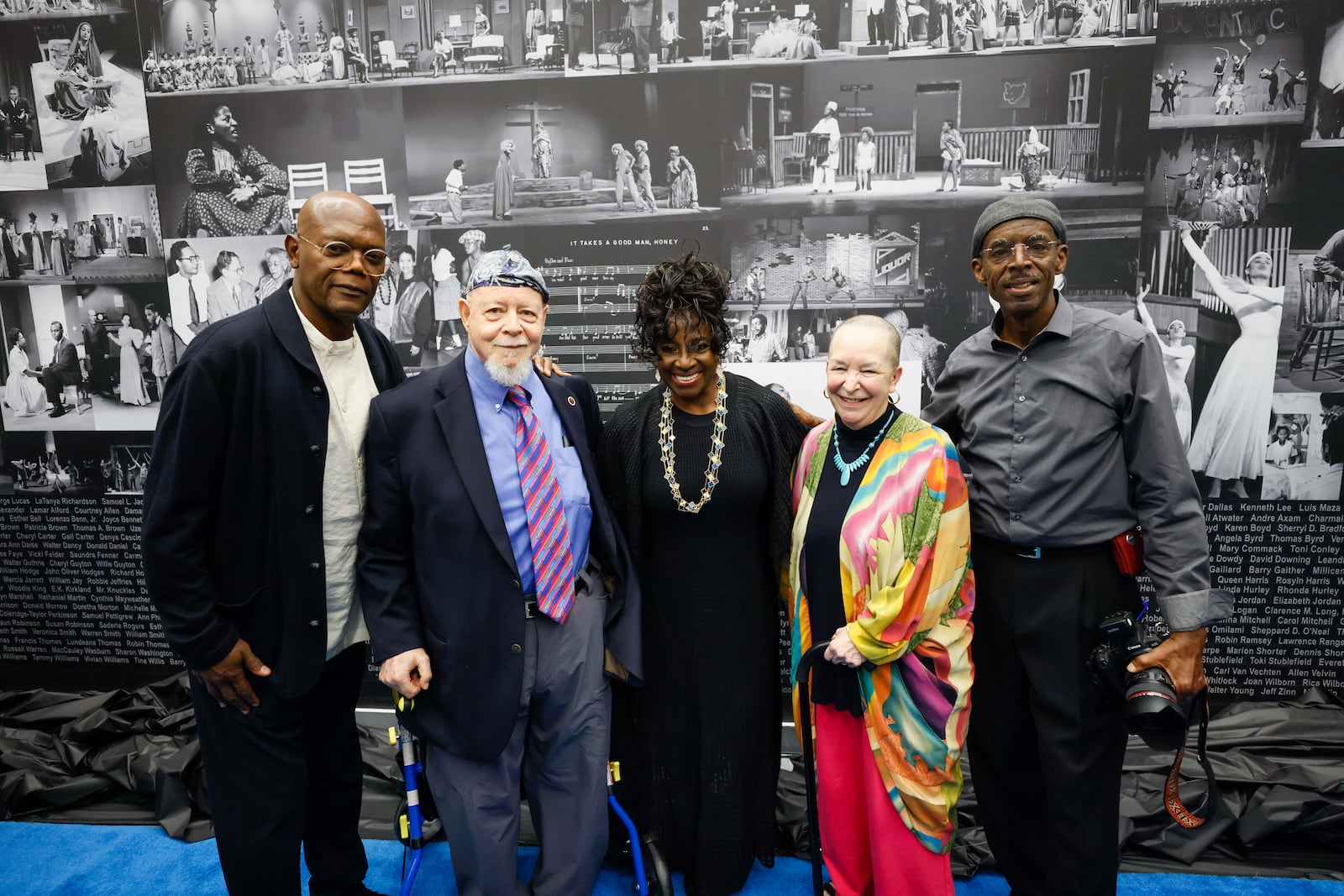 Actor and Morehouse College alumnus Samuel L. Jackson (left), and his wife, Spelman College alumna LaTanya Richardson Jackson (center), pose with former Spelman professor Carlton Molette, writer Pearl Cleage and artist Quintin Jackson during a special ceremony at the newly renovated Performing Arts Center dedicated to the couple at Spelman College on Thursday, Oct. 24, 2024. (Miguel Martinez/AJC)