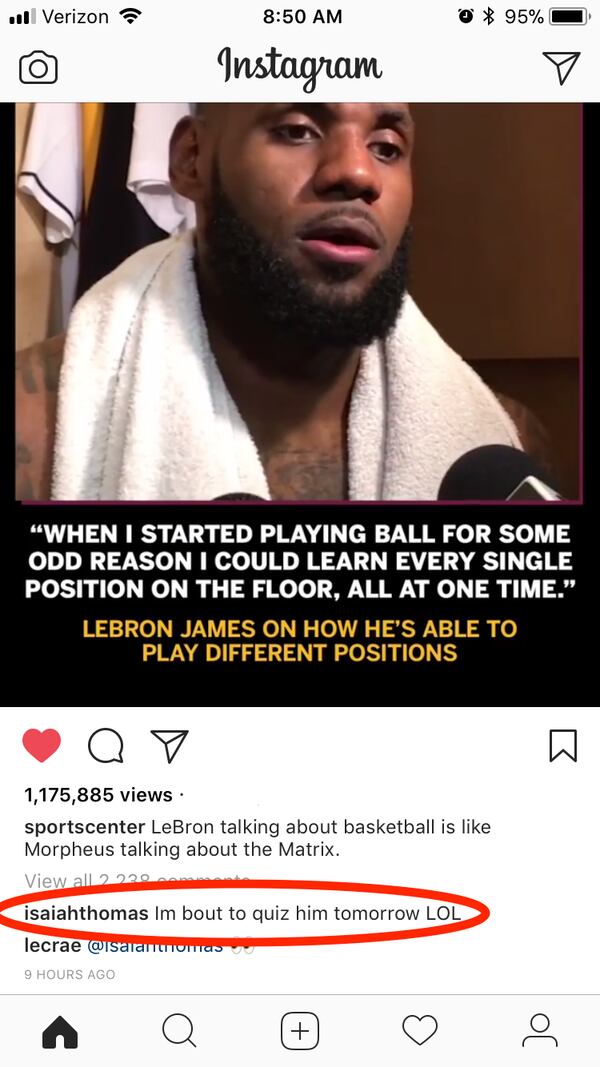 Cleveland Cavaliers point guard Isaiah Thomas commented on SportsCenter's post of LeBron James on Tuesday night.