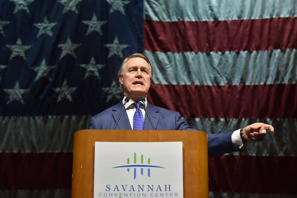 U.S. Sen. David Perdue speaks during the GOP state convention in Savannah on May 18, 2019. HYOSUB SHIN / HSHIN@AJC.COM