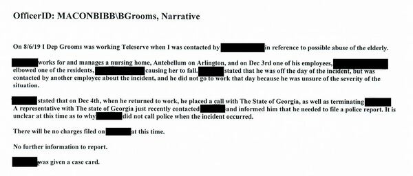 In December 2018, a caregiver at a Macon senior care home elbowed an elderly woman in the stomach then struggled with her, causing her to fall. But the home didn't report the abuse to police until August 2019.