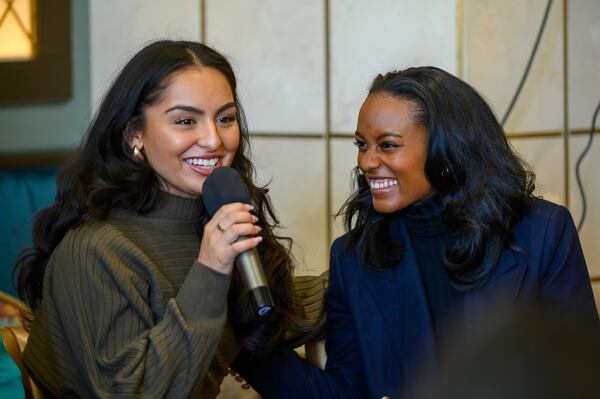 Senzel Ahmady (Jasmine) and Atlanta-raised Taylor Mackenzie Smith share a laugh during a panel discussion with the cast of Disney on Broadway’s “Aladdin” at the Fox Theatre in Atlanta, GA on Thursday, January 11, 2024. (Jamie Spaar for the Atlanta Journal Constitution)