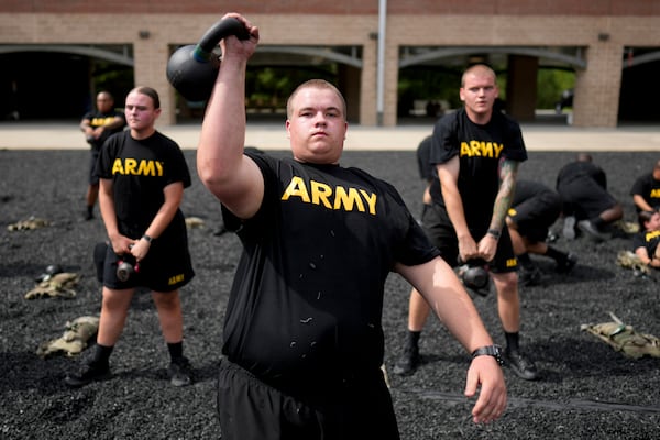 A new recruit participates in the Army's future soldier prep course that gives lower-performing recruits up to 90 days of academic or fitness instruction to help them meet military standards, at Fort Jackson, a U.S. Army Training Center, in Columbia, S.C., Sept. 25, 2024. (AP Photo/Chris Carlson)