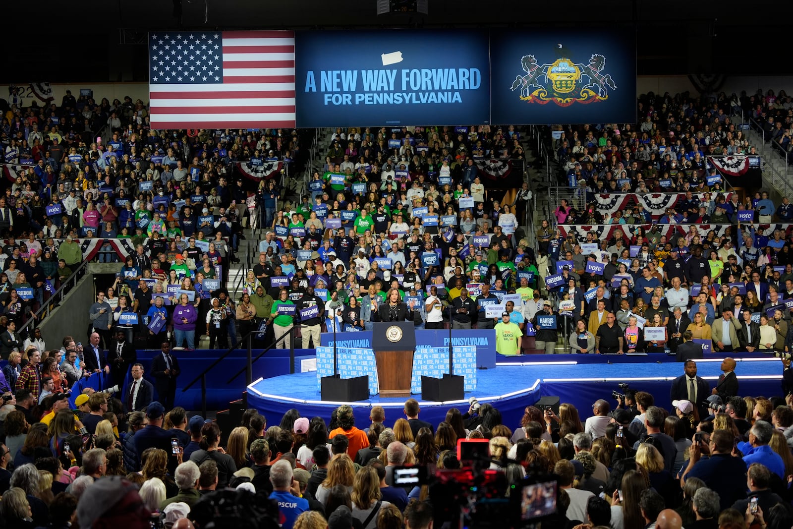 Democratic presidential nominee Vice President Kamala Harris speaks during a campaign rally at Erie Insurance Arena, in Erie, Pa., Monday, Oct. 14, 2024.(AP Photo/Gene J. Puskar)