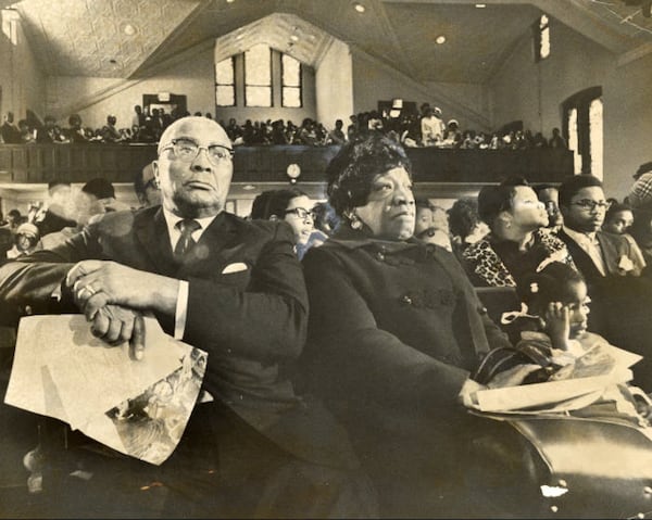 Alberta Williams King, right, attends a service at Ebenezer Baptist Church with husband Martin Luther King Sr. in January 1970. Alberta King was murdered in the same church in 1974 as she played the organ. (Chuck Vollertsen/AJC Archive at GSU Library AJCP443-116c)