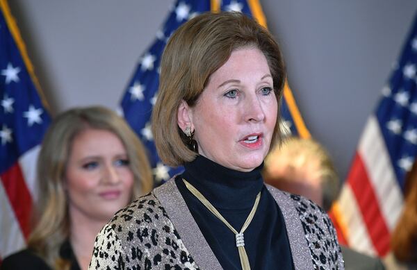 Sidney Powell speaking during a press conference at the Republican National Committee headquarters in Washington, D.C., in 2020.  (Mandel Ngan/Getty)