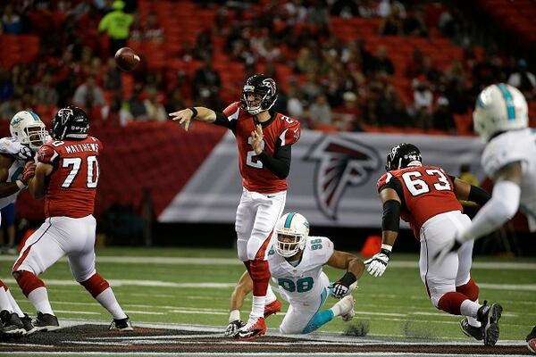 Atlanta Falcons quarterback Matt Ryan (2) works against the Miami Dolphins during the first half of an NFL preseason football game, Friday, Aug. 8, 2014, in Atlanta. (AP Photo/David Goldman) Matt Ryan completed six passes and called it a night. (David Goldman/AP)