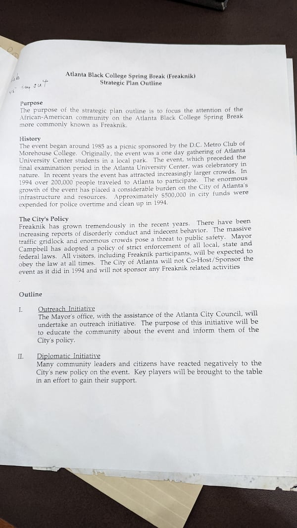 The Southern Christian Leadership Conference's 1995 Freaknik Strategic Plan

Credit: Freaknik Strategic Plan, 1995, Box: 193, Folder: 22. The Joseph Echols and Evelyn Gibson Lowery Collection, 0000-0000-0000-0199. Robert W. Woodruff Library of the Atlanta University Center