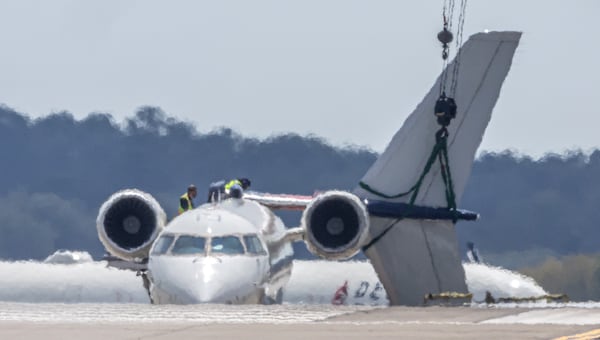 The wingtip of a Delta Air Lines aircraft struck the tail of another Delta plane at Hartsfield-Jackson International Airport on Tuesday morning, Sept. 10, 2024. (John Spink/The Atlanta Journal-Constitution/TNS)