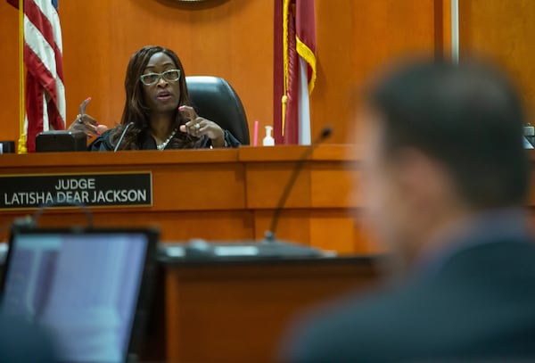 Judge Latisha Dear Jackson, talks with the lawyers during the trial of Robert âChipâ Olsen at the DeKalb County Courthouse October 4, 2019.  STEVE SCHAEFER / SPECIAL TO THE AJC