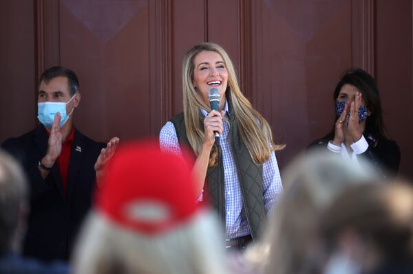 In this file photo, Kelly Loeffler (R-GA) speaks during a campaign event at the Walton County Historic Courthouse on October 30, 2020 in Monroe, Georgia. (Justin Sullivan/Getty Images/TNS)