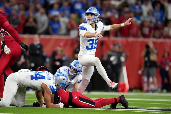 Detroit Lions place kicker Jake Bates (39) kicks a 58-yard field goal during the second half of an NFL football game against the Houston Texans, Sunday, Nov. 10, 2024, in Houston. (AP Photo/Eric Christian Smith)