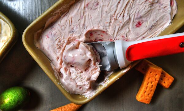 The goodness of fresh strawberries helps transform the recipe for No-Churn Vanilla Ice Cream into Roasted Strawberry. (Styling by Susan Puckett / Chris Hunt for the AJC)