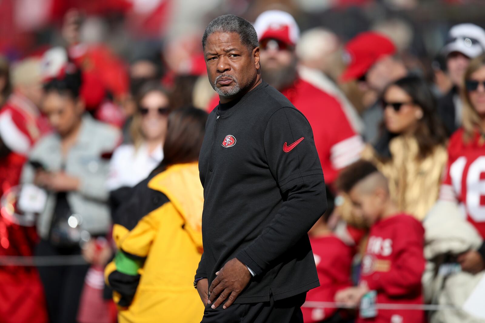 San Francisco 49ers defensive coordinator Steve Wilks walks on the field during an NFL football game against the Seattle Seahawks, Sunday, Dec. 10, 2023, in Santa Clara, Calif. (AP Photo/Scot Tucker)