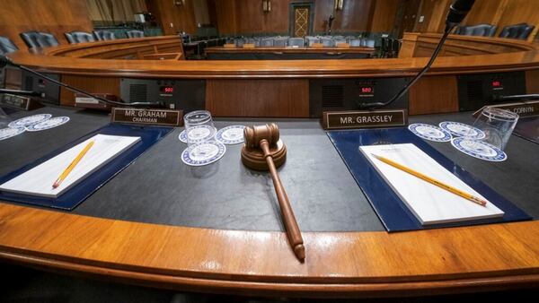 The Senate Judiciary Committee hearing room is prepared for Attorney General William Barr who will face lawmakers' questions Wednesday for the first time since releasing special counsel Robert Mueller's Russia report, on Capitol Hill in Washington, Tuesday, April 30, 2019. 