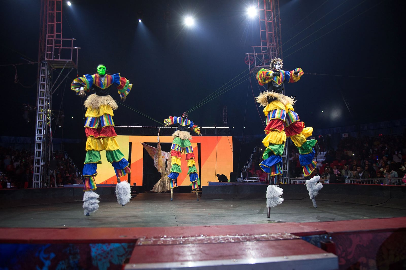 Performers on stilts entertains the crowd during the UniverSoul Circus in Atlanta. STEVE SCHAEFER / SPECIAL TO THE AJC