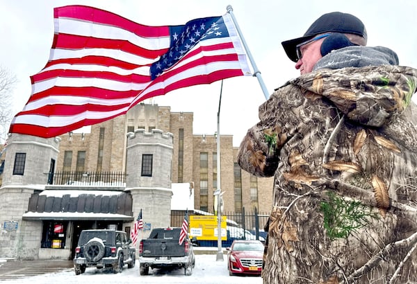 Officers at the Auburn Correctional Facility continue to hold the line on the third day of their strike to protest unsafe working conditions in Auburn, N.Y., on Thursday, Feb. 20, 2025. (Kevin Rivoli/The Citizen via AP)