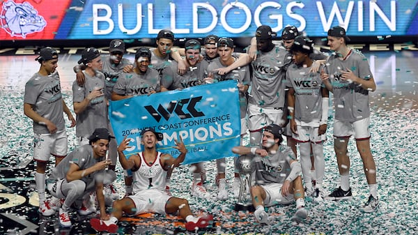 Gonzaga celebrates after defeating BYU for the West Coast Conference men's tournament championship Tuesday, March 9, 2021, in Las Vegas. (David Becker/AP)