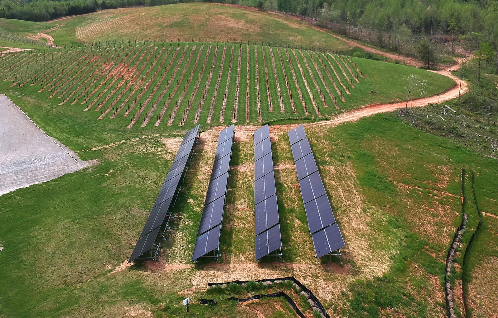 This aerial photo shows solar panels (foreground) at Yonah Mountain Vineyards in Cleveland. Ga. The 360-panel installation, which cost $250,000, will pay for itself in eight years, and its magnitude distinguishes the vineyard from any other winery operating in Georgia. HYOSUB SHIN / HSHIN@AJC.COM