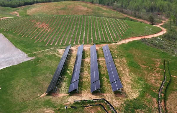 This aerial photo shows solar panels at Yonah Mountain Vineyards in Cleveland. Ga. HYOSUB SHIN / HSHIN@AJC.COM