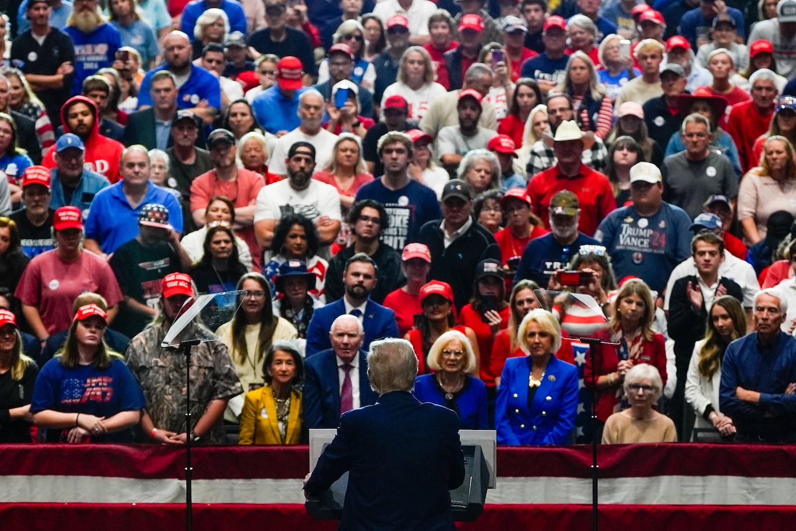 Republican presidential nominee former President Donald Trump speaks during a campaign rally at Rocky Mount Event Center, Wednesday, Oct. 30, 2024, in Rocky Mount, N.C. (AP Photo/Julia Demaree Nikhinson)