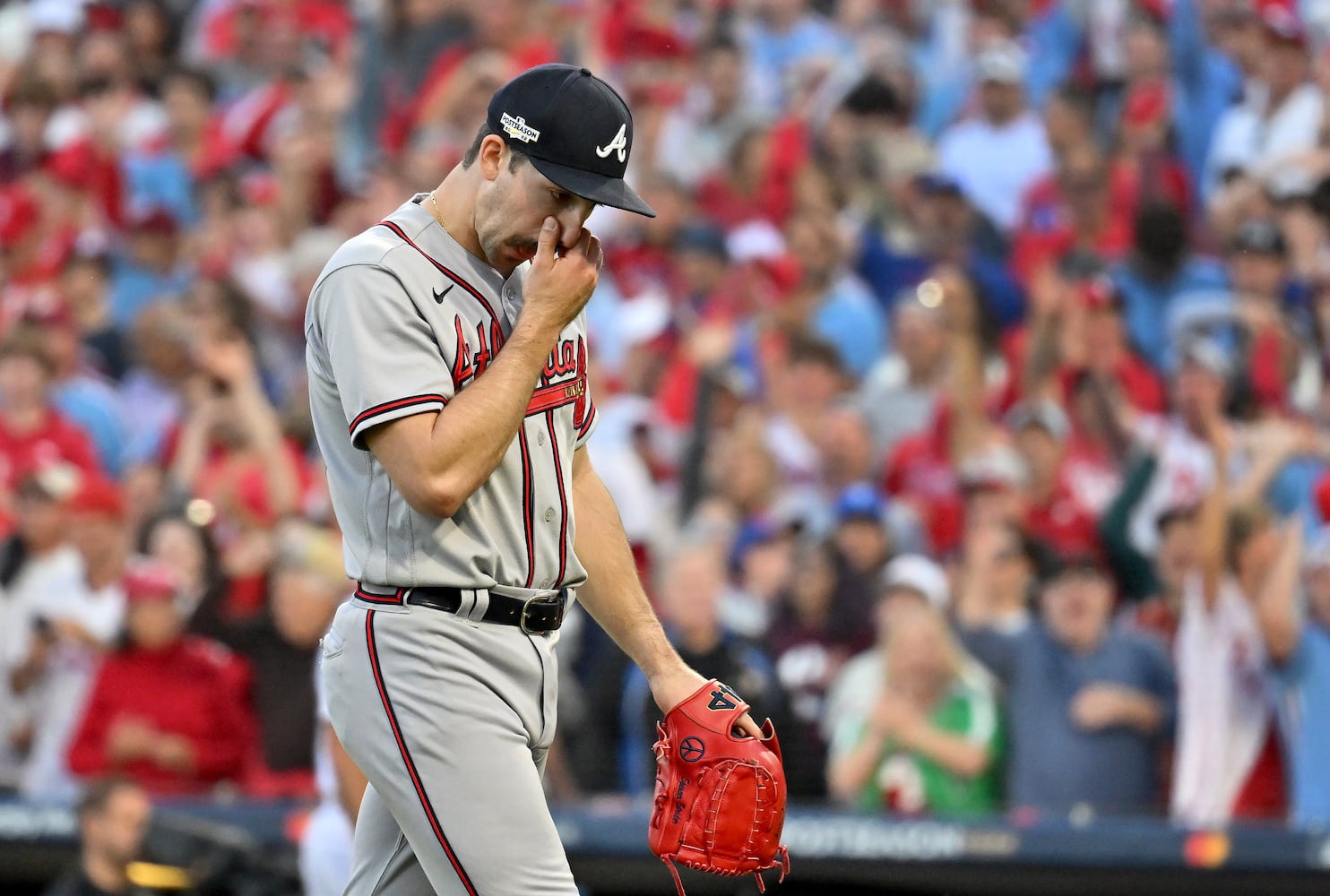 Spencer Strider allowed a single after Rhys Hoskins' home run and was pulled from the game with one out in the third inning. (Hyosub Shin/hyosub.shin@ajc.com)